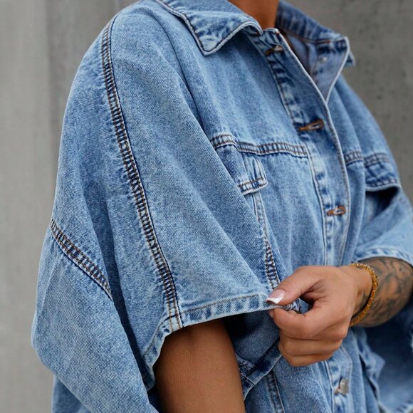 Blue Casual Women's button front mini Denim Dress - Picture 6 of 6